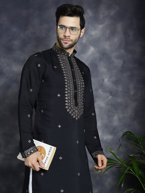 Men's Sequins Embroidered Kurta With Pyjama.-JOKP-P-5046Black