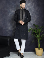 Men's Sequins Embroidered Kurta With Pyjama.-JOKP-P-5046Black