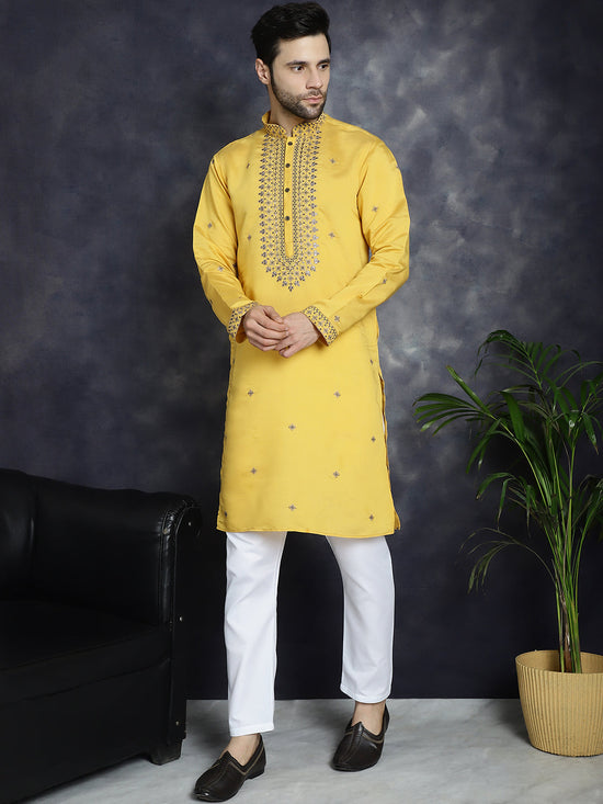 Men's Sequins Embroidered Kurta With Pyjama.-JOKP-P-5046Yellow