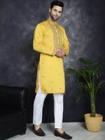 Men's Sequins Embroidered Kurta With Pyjama.-JOKP-P-5046Yellow