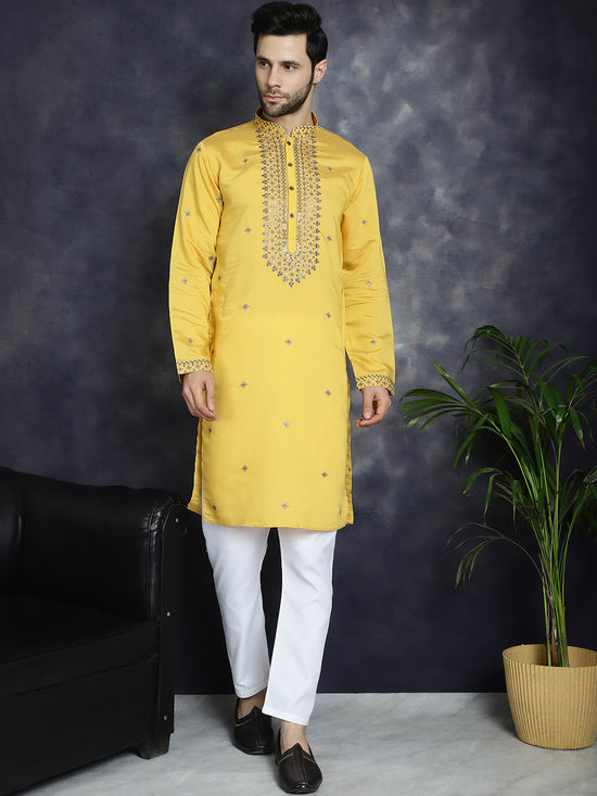 Men's Sequins Embroidered Kurta With Pyjama.-JOKP-P-5046Yellow