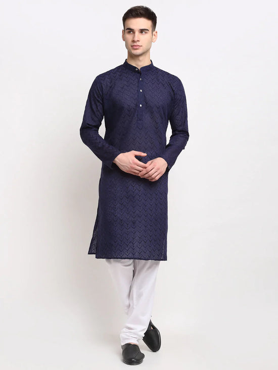 Chikankari Pure Cotton Kurta with Churidar-JOKP-561Navy