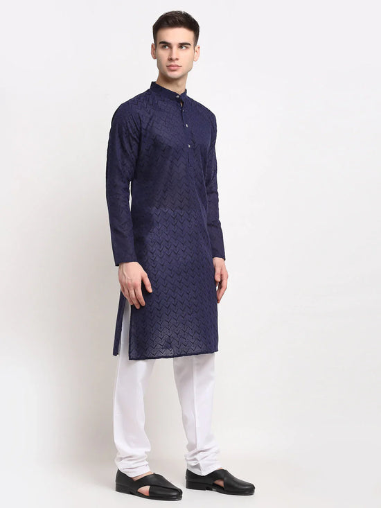 Chikankari Pure Cotton Kurta with Churidar-JOKP-561Navy