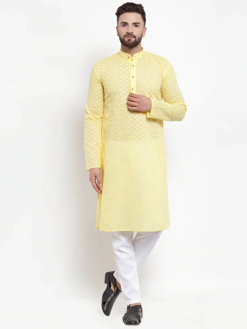 Chikankari Pure Cotton Kurta with Churidar-JOKP-561Yellow