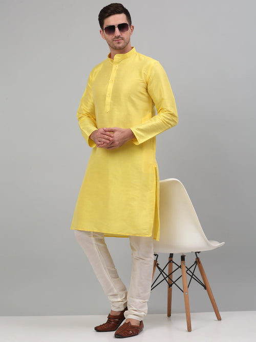 Men Lemon Yellow Dupion Silk Kurta with Churidar-JOKP-636Lemon