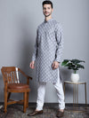 Men Grey and White Floral Printed Kurta with Churidar-JOKP-650Dark-Grey