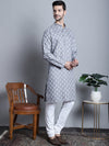 Men Grey and White Floral Printed Kurta with Churidar-JOKP-650Dark-Grey