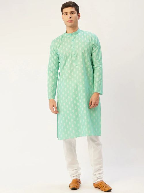 Men Green and White Floral Printed Kurta with Churidar-JOKP-650Green