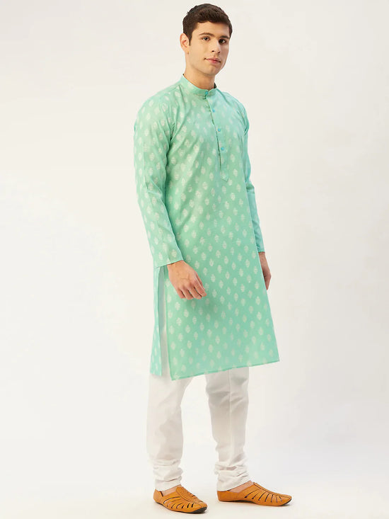 Men Green and White Floral Printed Kurta with Churidar-JOKP-650Green