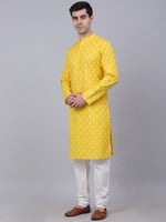 Men Lemon and White Floral Printed Kurta with Churidar-JOKP-650Lemon