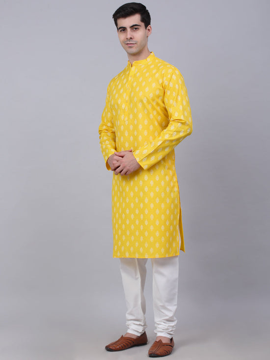 Men Lemon and White Floral Printed Kurta with Churidar-JOKP-650Lemon