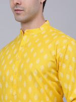 Men Lemon and White Floral Printed Kurta with Churidar-JOKP-650Lemon