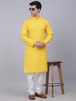 Men Lemon and White Floral Printed Kurta with Churidar-JOKP-650Lemon