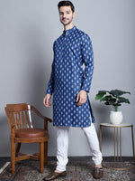 Men Navy and White Floral Printed Kurta with Churidar-JOKP-650Navy