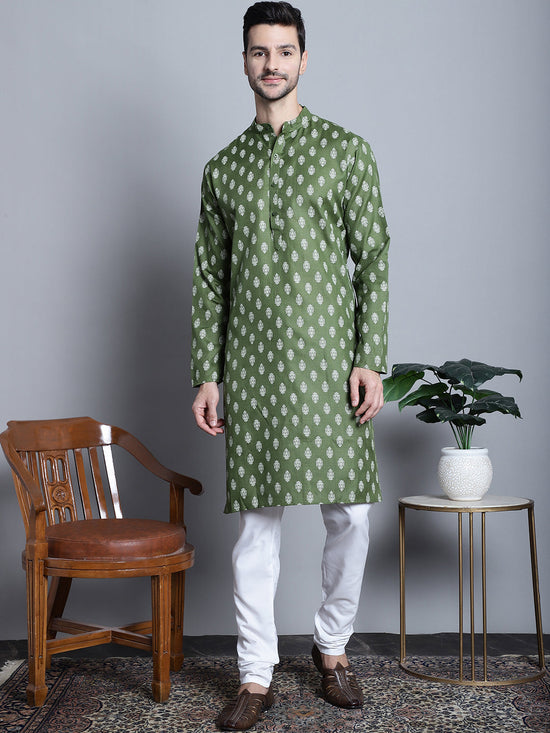 Men's Cotton Floral printed kurta Pyjama-JOKP-650Olive