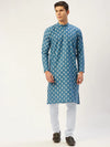 Men Teal and White Floral Printed Kurta with Churidar-JOKP-650Teal