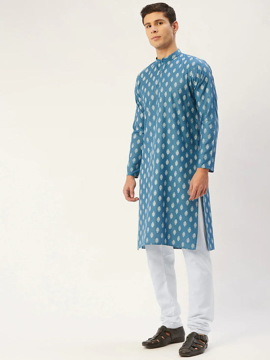 Men Teal and White Floral Printed Kurta with Churidar-JOKP-650Teal