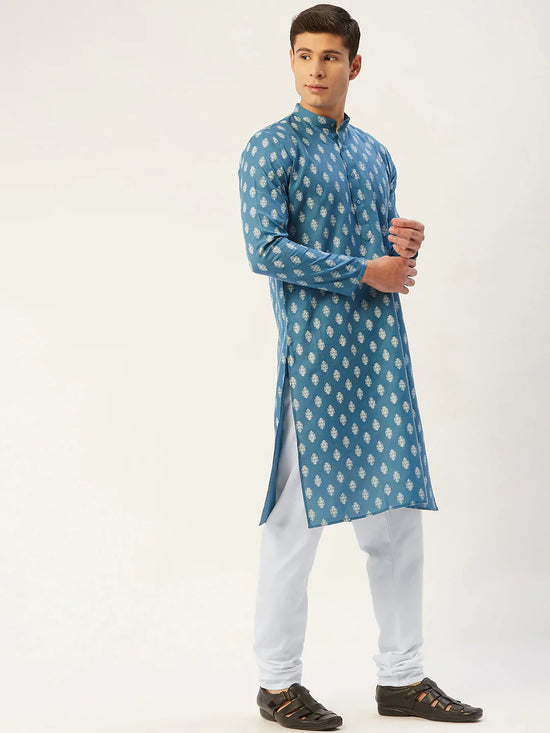 Men Teal and White Floral Printed Kurta with Churidar-JOKP-650Teal