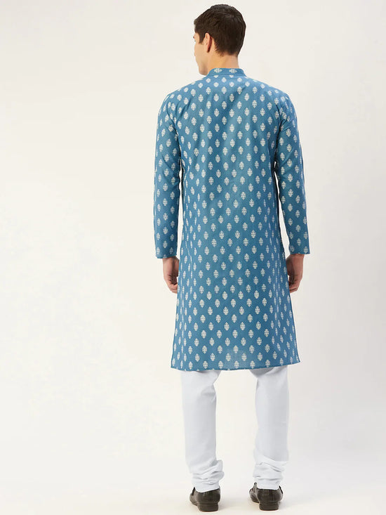 Men Teal and White Floral Printed Kurta with Churidar-JOKP-650Teal