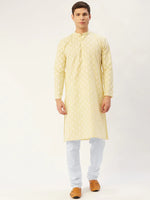 Men Yellow and White Floral Printed Kurta with Churidar-JOKP-650Yellow