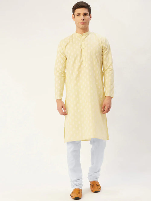 Men Yellow and White Floral Printed Kurta with Churidar-JOKP-650Yellow