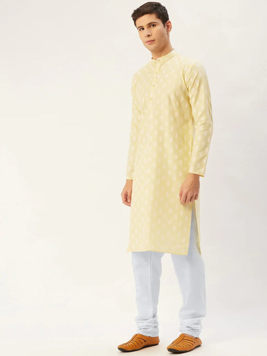 Men Yellow and White Floral Printed Kurta with Churidar-JOKP-650Yellow