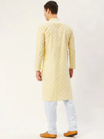 Men Yellow and White Floral Printed Kurta with Churidar-JOKP-650Yellow