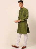 Men Olive Green Embroidered Design Kurta with Pyjamas-JOKP-666Olive