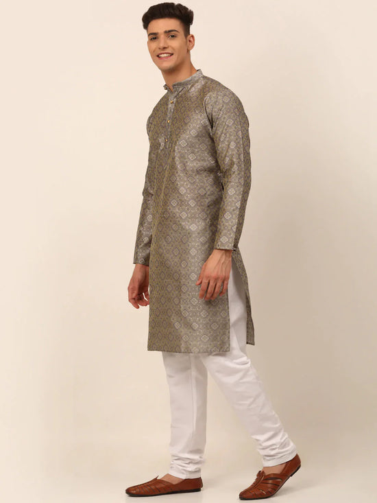 Men Grey Floral Printed Kurta with Pyjamas-JOKP-669Grey