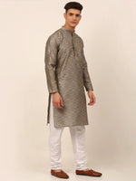 Men Grey Floral Printed Kurta with Pyjamas-JOKP-669Grey