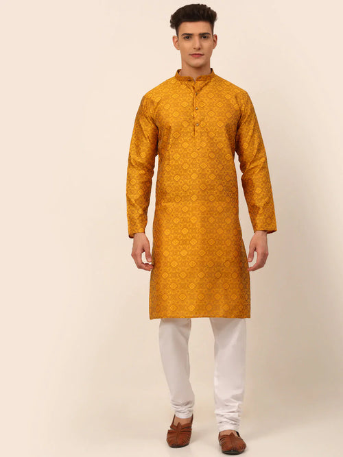 Men Mustard Yellow Floral Printed Kurta with Pyjamas-JOKP-669Mustard