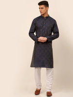 Men Navy Blue Floral Printed Kurta with Pyjamas-JOKP-669Navy