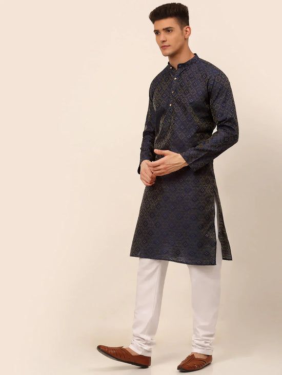 Men Navy Blue Floral Printed Kurta with Pyjamas-JOKP-669Navy