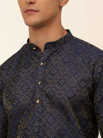 Men Navy Blue Floral Printed Kurta with Pyjamas-JOKP-669Navy