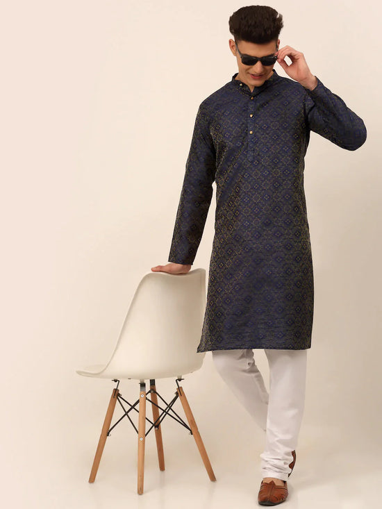 Men Navy Blue Floral Printed Kurta with Pyjamas-JOKP-669Navy