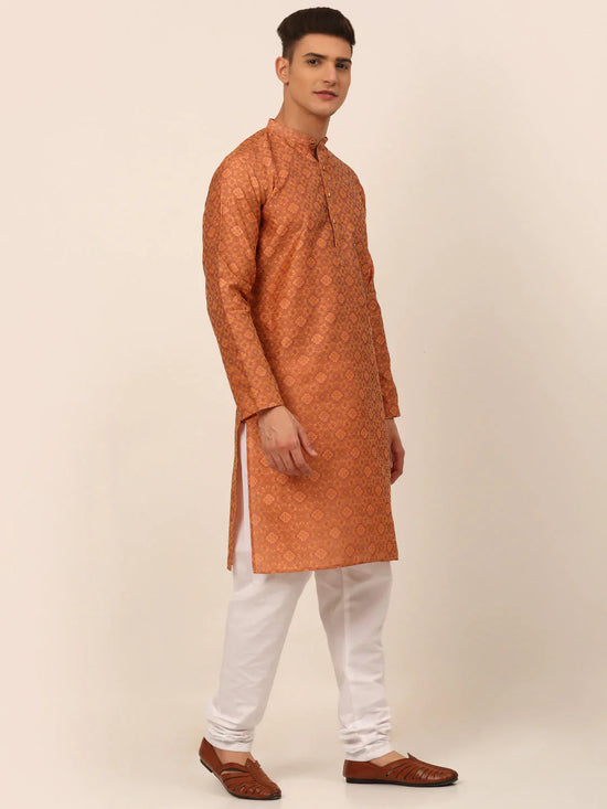 Men Peach Floral Printed Kurta with Pyjamas-JOKP-669Peach