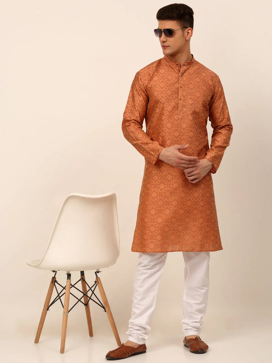 Men Peach Floral Printed Kurta with Pyjamas-JOKP-669Peach