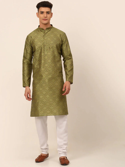 Men Pista Green Floral Printed Kurta with Pyjamas-JOKP-669Pista