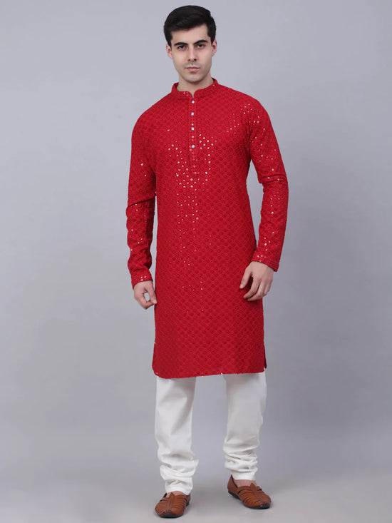 Men Maroon Chikankari Embroidered and Sequence Kurta with Churidar-JOKP-678Maroon