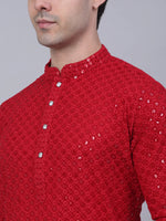 Men Maroon Chikankari Embroidered and Sequence Kurta with Churidar-JOKP-678Maroon