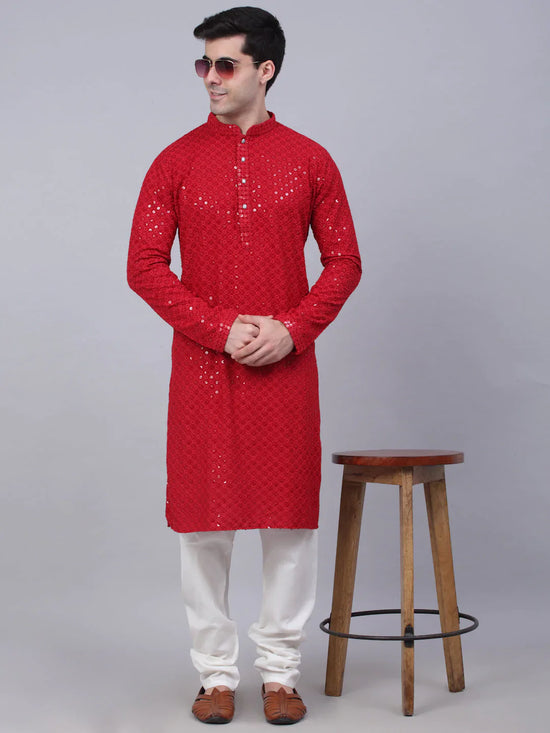 Men Maroon Chikankari Embroidered and Sequence Kurta with Churidar-JOKP-678Maroon