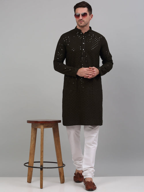 Men Mehndi Green Chikankari Embroidered and Sequence Kurta with Churidar-JOKP-678Mehndi