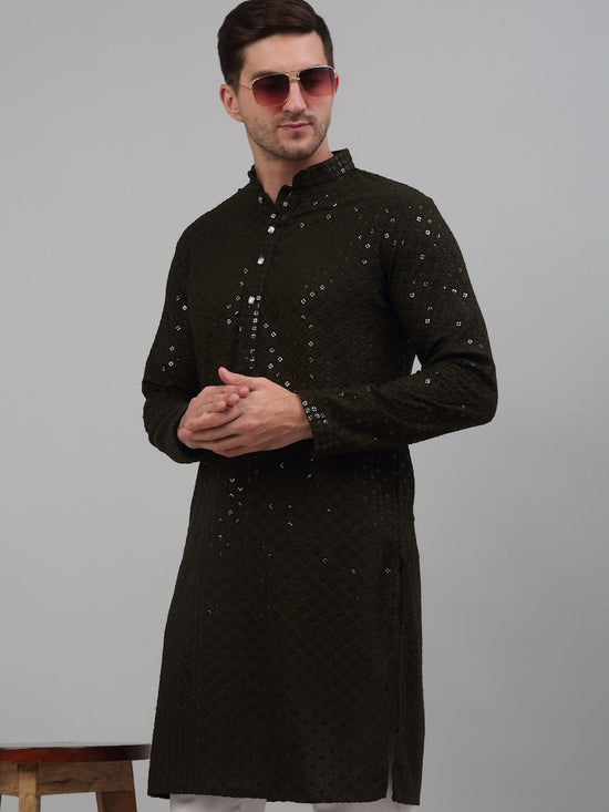 Men Mehndi Green Chikankari Embroidered and Sequence Kurta with Churidar-JOKP-678Mehndi