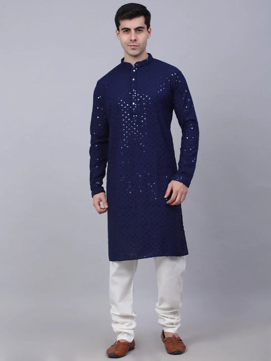 Men Navy Blue Chikankari Embroidered and Sequence Kurta with Churidar-JOKP-678Navy