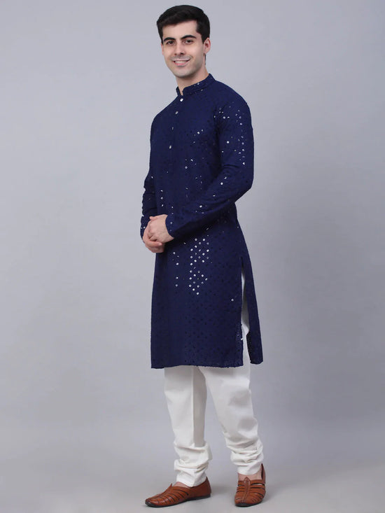 Men Navy Blue Chikankari Embroidered and Sequence Kurta with Churidar-JOKP-678Navy