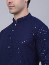 Men Navy Blue Chikankari Embroidered and Sequence Kurta with Churidar-JOKP-678Navy