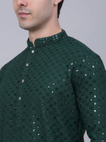 Men Olive Green Chikankari Embroidered and Sequence Kurta with Churidar-JOKP-678Olive