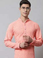 Men Peach Chikankari Embroidered and Sequence Kurta with Churidar-JOKP-678Peach