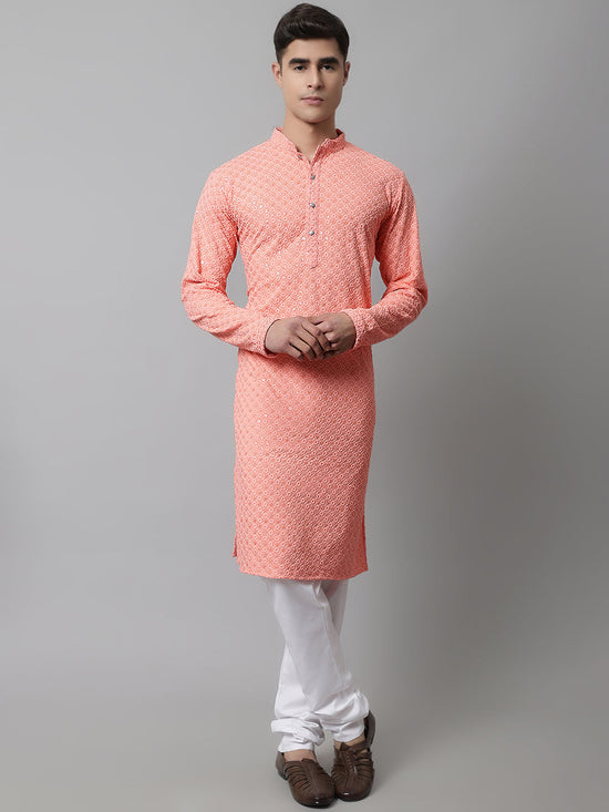 Men Peach Chikankari Embroidered and Sequence Kurta with Churidar-JOKP-678Peach