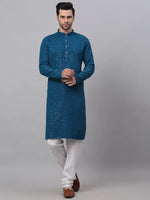 Men Peacock Blue Chikankari Embroidered and Sequence Kurta with Churidar-JOKP-678Peacock